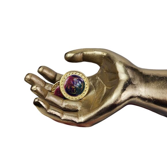 80s Womens Large Button Earrings Pierced Gold With Colorful Psychedelic Design - Picture 5 of 6